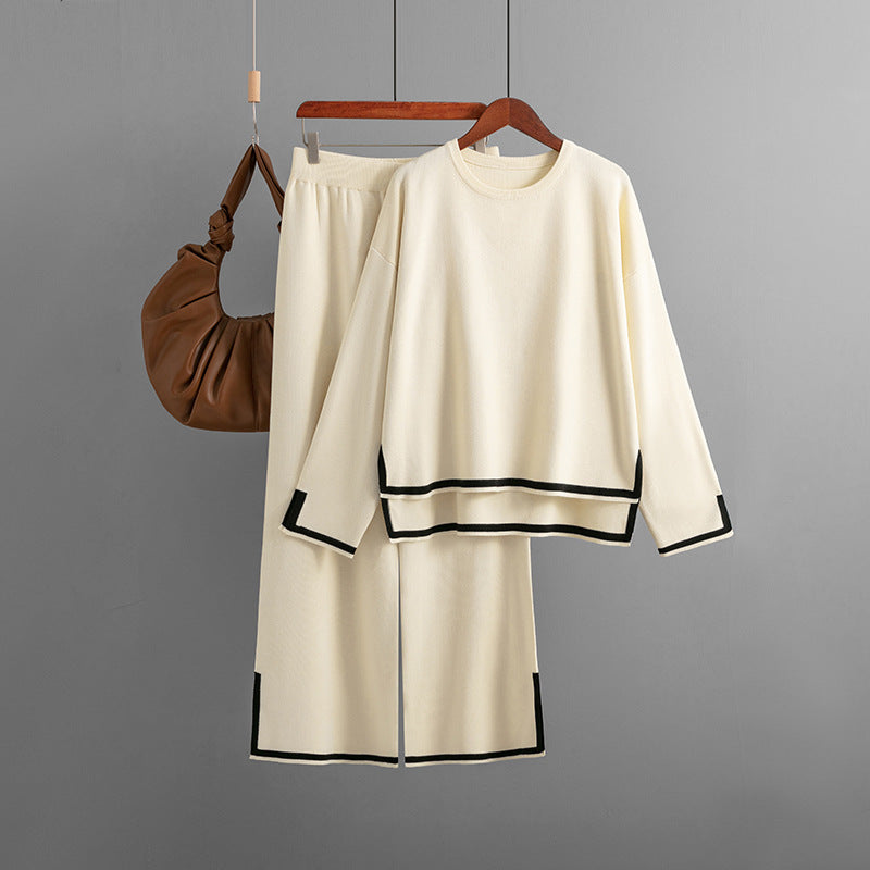 Conjunto de dos piezas de pantalón ancho de punto de manga larga con abertura en contraste para mujer, informal, para otoño e invierno