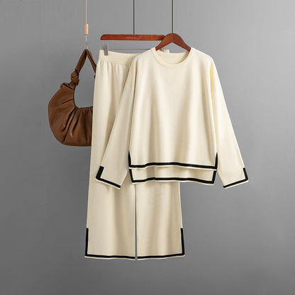 Conjunto de dos piezas de pantalón ancho de punto de manga larga con abertura en contraste para mujer, informal, para otoño e invierno