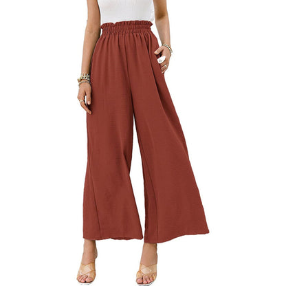 Pantalones casuales de color sólido con cintura alta y pierna ancha para mujer