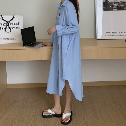 Women Casual Cozy Style Simple Ultra-Long Shirt Solid Color Lapel Cardigan Long Blouse