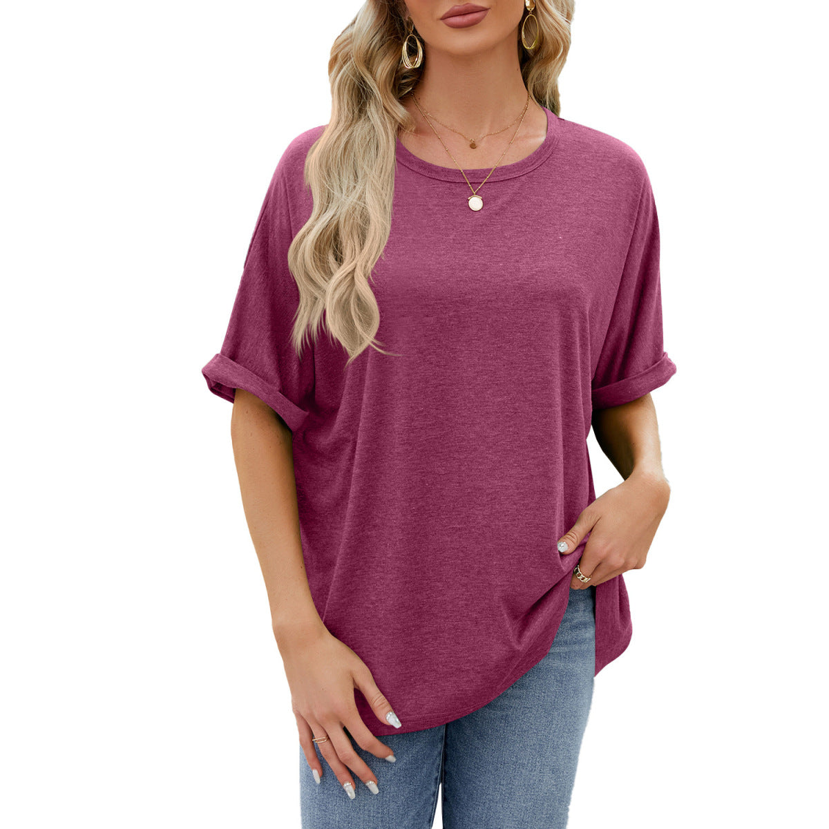 Camiseta informal de verano para mujer, color liso, cuello redondo y manga corta