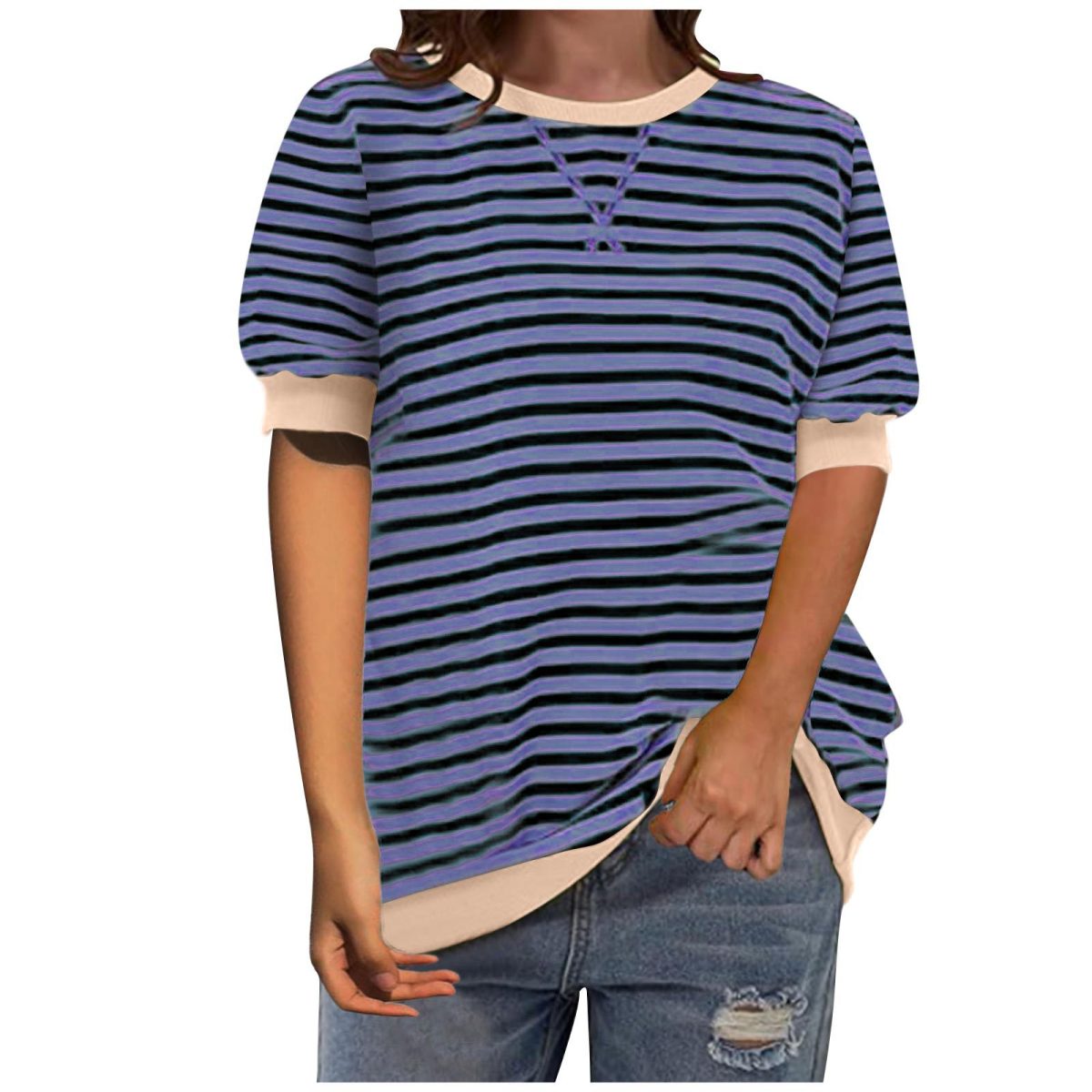 Camiseta informal sencilla de manga corta con estampado de rayas y cuello redondo con bloques de color para mujer