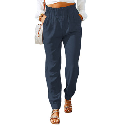 Women Ruffled Elastic Belt Mid Waist Solid Color Casual Jogger Pants