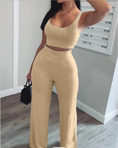Women Fashion Casual Solid Color Tank Top High-Waiste Loose Pant Two-Piece Set