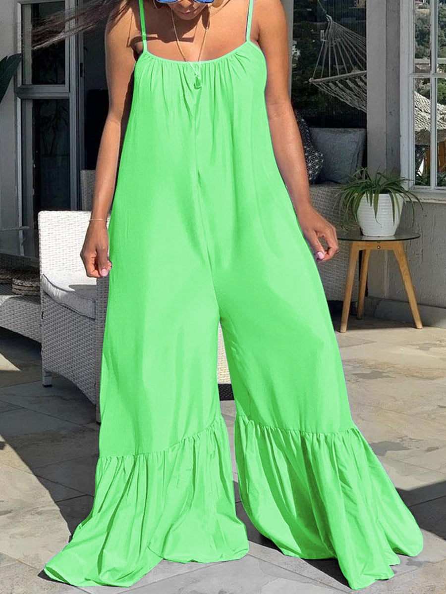 Women Casual Loose Plus Size Solid Color Sleeveless Ruffled Jumpsuits
