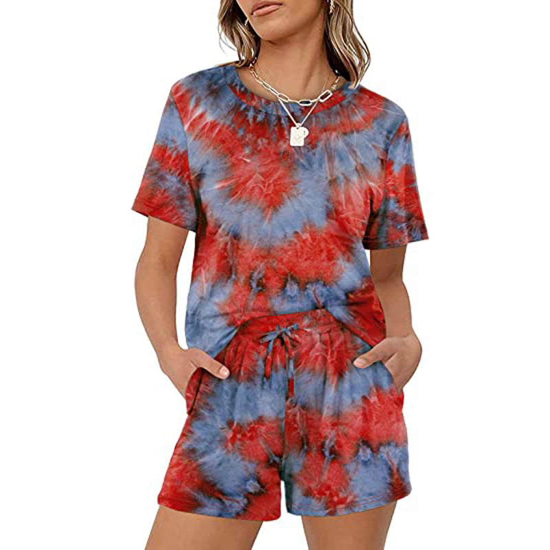 Women Casual Summer Basic Solid Color Short Sleeve T-Shirt Elastic Tie Pocket Shorts Set