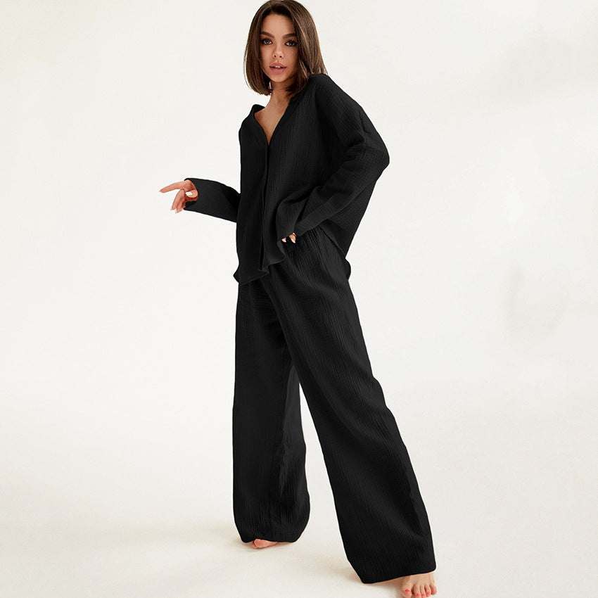 Conjunto de pijama de dos piezas para mujer, informal, holgado, de algodón, color liso, blusa y pantalones para el hogar