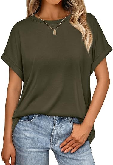 Camiseta informal de verano para mujer, color liso, cuello redondo, manga corta, sin mangas