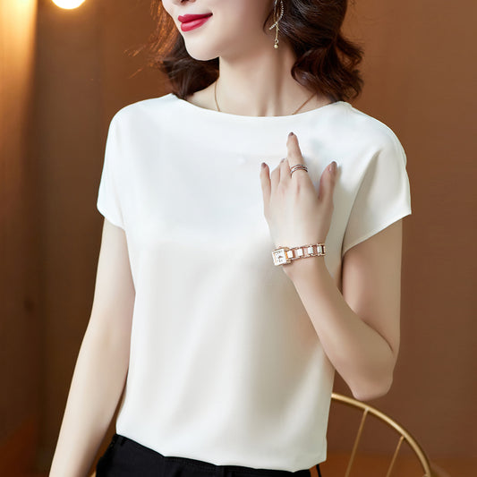 Blusa holgada informal de satén de color liso de manga corta para oficina de verano para mujer