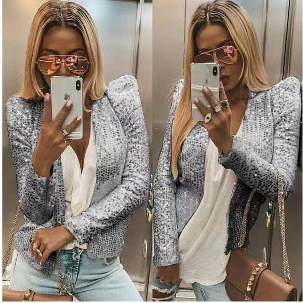 Chaqueta informal elegante de manga larga con lentejuelas de color liso a la moda para mujer