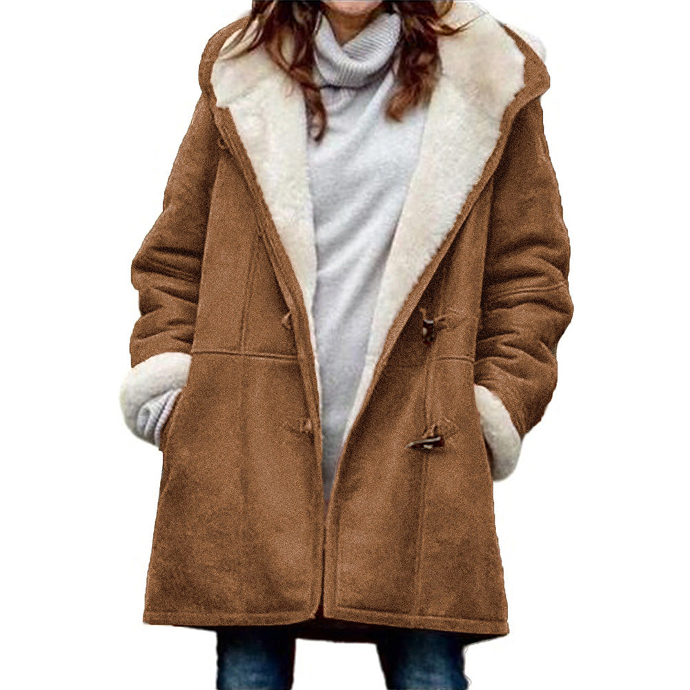 Abrigo de felpa cálido con capucha y forro polar de manga larga informal de invierno para mujer de talla grande
