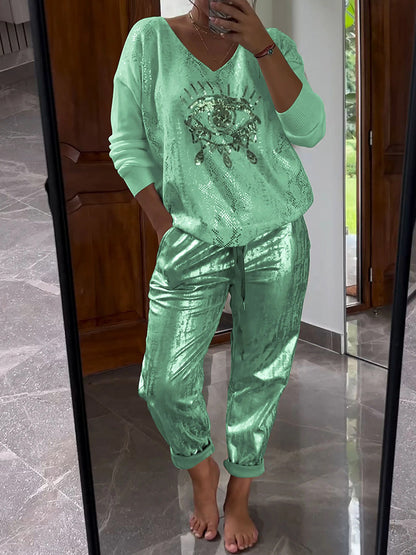 Conjunto de top y pantalón bronceador con efecto ojo malvado para mujer, informal, a la moda, brillante