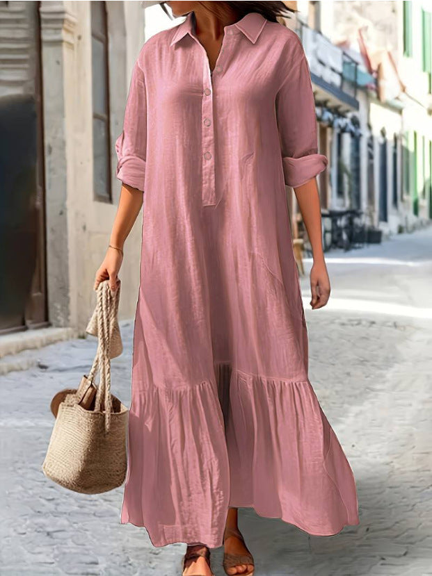 Vestido largo informal de algodón y lino con solapa para mujer, talla grande