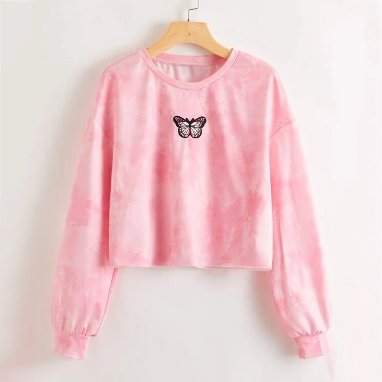 Sudadera corta informal con estampado tie-dye de manga larga para mujer