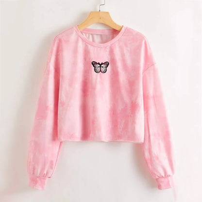 Sudadera corta informal con estampado tie-dye de manga larga para mujer