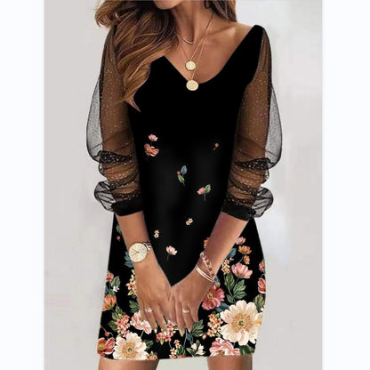 Casual Plus Size Women Sequined See-Through Mesh Long Sleeve Casual Dress