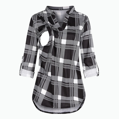 Pregnant Women Fashion Casual V-Neck Plaid Print Breastfeeding Long Sleeve Top