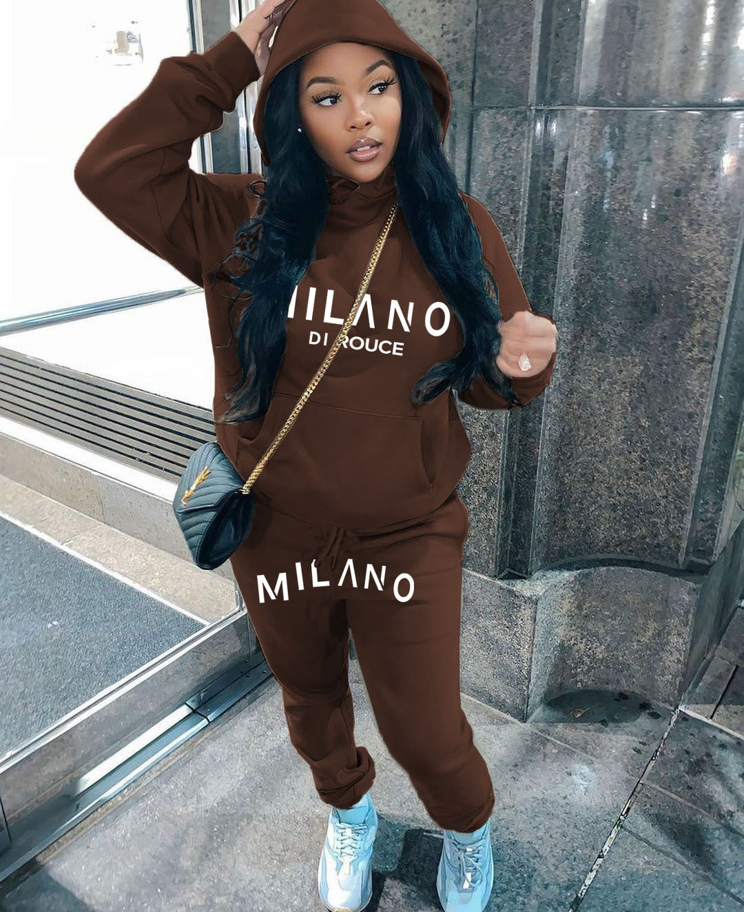 Athleisure Winter Women Loose Casual Letter Printing Long-Sleeved Hooded Sweatshirt Pants Two-Piece Set