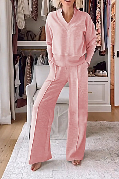 Conjunto de dos piezas de top y pantalones anchos de manga larga con escote en V para mujer