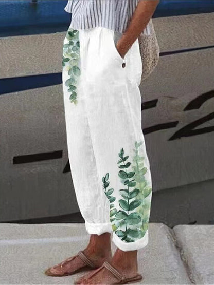 Pantalones elegantes de lino y algodón para mujer, con estampado floral vintage, cintura elástica y bolsillos, informales
