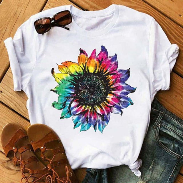 Camiseta informal de manga corta con estampado gráfico y cuello redondo para mujer