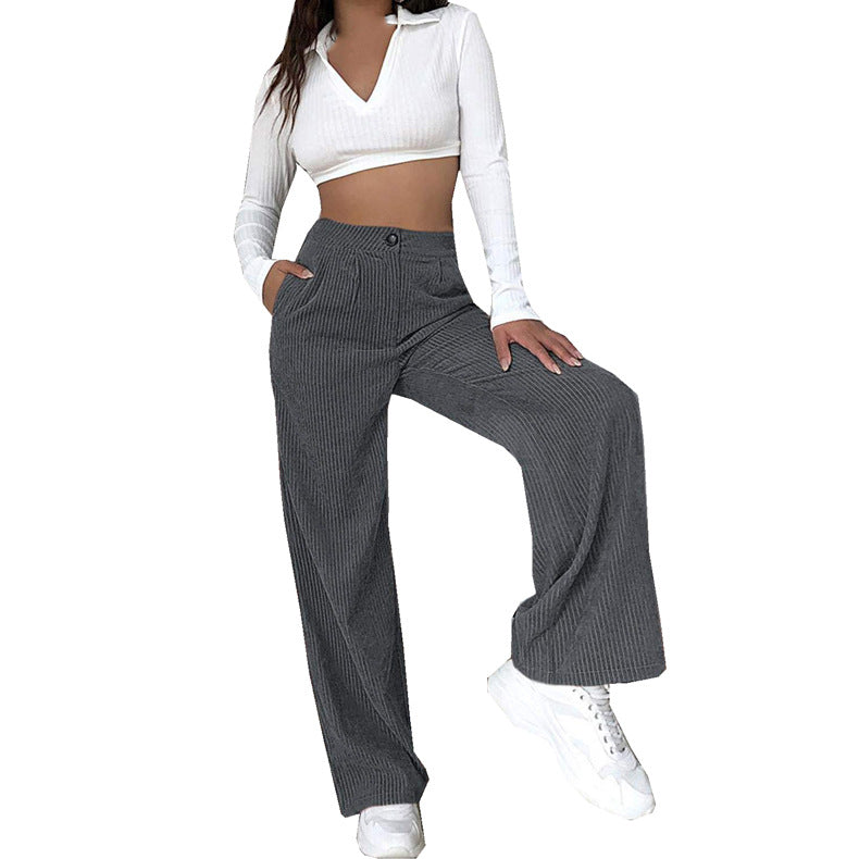 Women Solid Color Button High Waist Casual Loose Wide Leg Pants