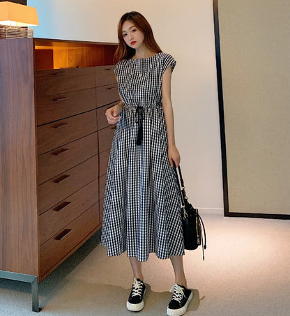 Women Fashion Minimalist Casual Solid Color Round Neck Short-Sleeve Drawstring Dress