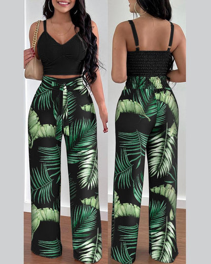 Conjunto de dos piezas para mujer, con top corto, pantalones holgados con cordones y estampado floral informal