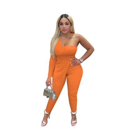 Conjunto informal de dos piezas para mujer, con top y pantalón irregulares, hombros descubiertos y un solo hombro, de color liso