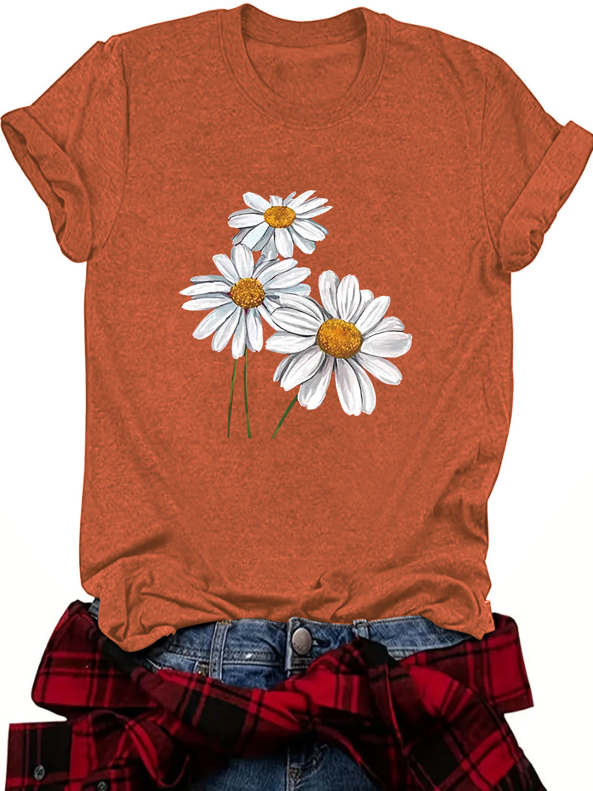 Camiseta informal de manga corta con cuello redondo y estampado de flores para mujer