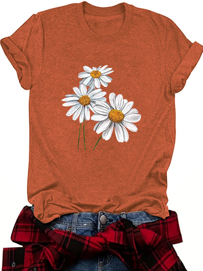Camiseta informal de manga corta con cuello redondo y estampado de flores para mujer