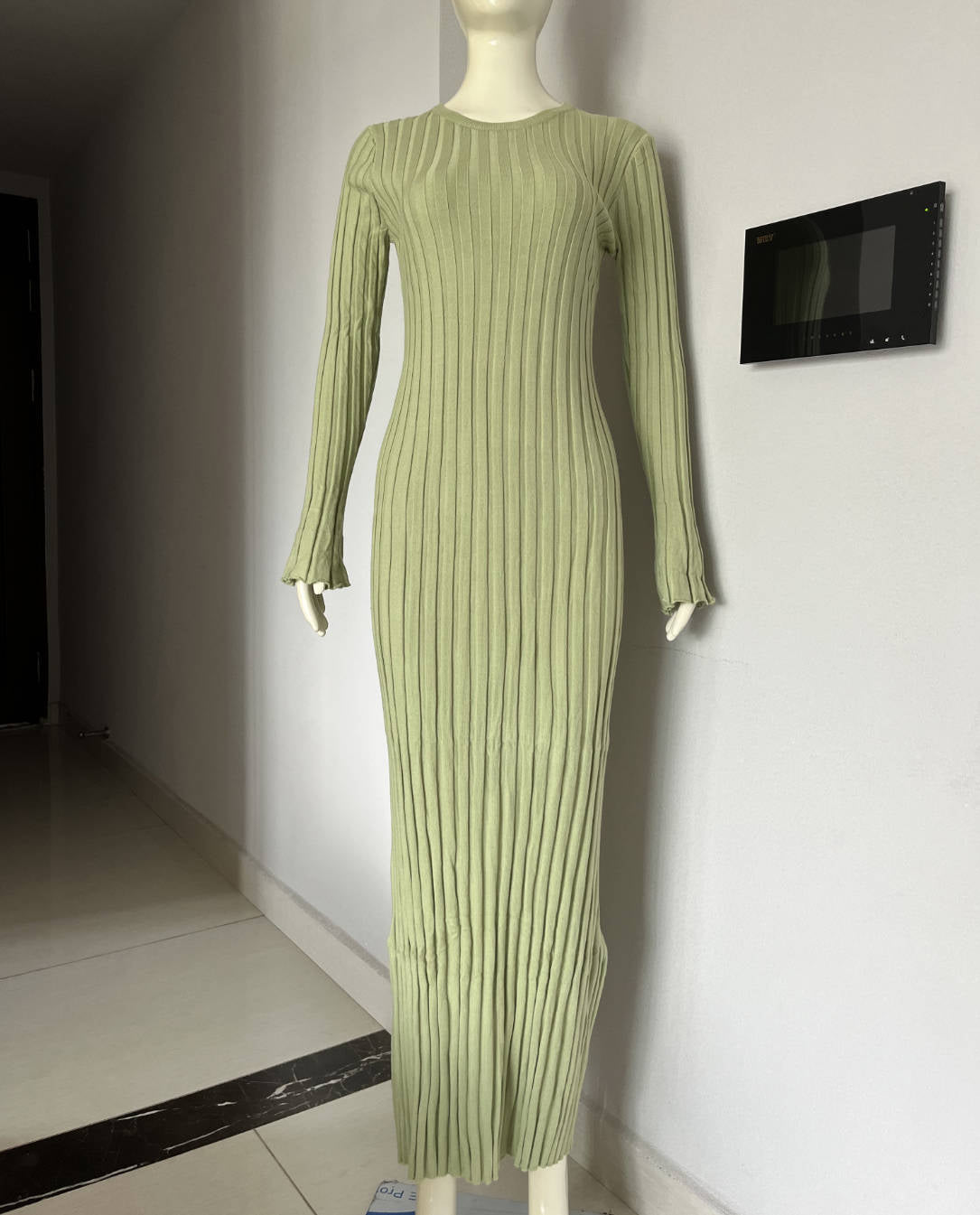Autumn Winter Women Fashion Casual Crewneck Pit Strip Knitted Dress