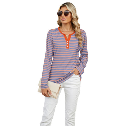 Camiseta informal de verano para mujer con cuello en V y estampado de rayas de manga larga