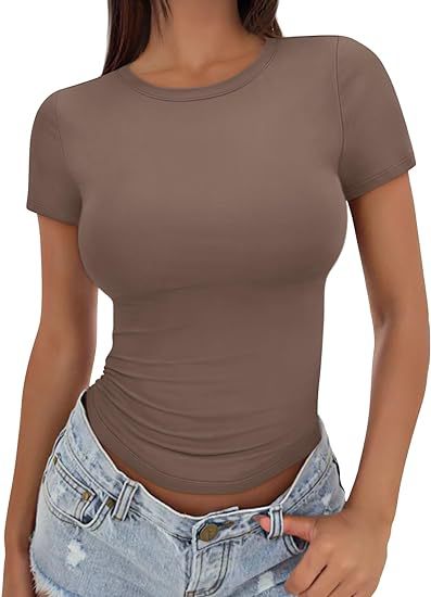 Camiseta informal de verano para mujer, color liso, cuello redondo, manga corta, sin mangas