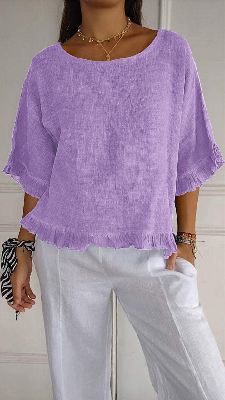 Camisa de lino y algodón con cuello redondo de color liso informal de verano para mujer