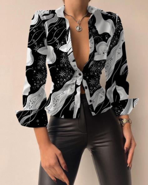 Camisa de manga larga con cuello en V y estampado informal a la moda para mujer