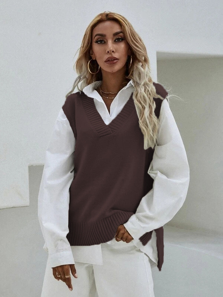 Women Casual V Neck Solid Color Knitted Tank Top