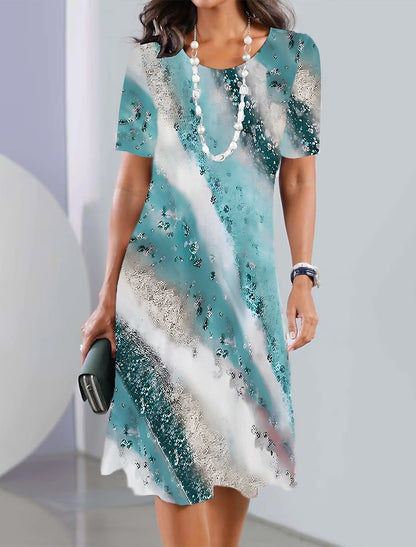 Vestido informal de manga corta con cuello redondo y estampado geométrico para mujer