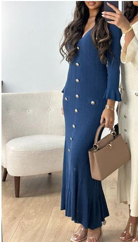 Vestido maxi de punto ajustado de manga larga con escote en V y color liso informal de otoño para mujer