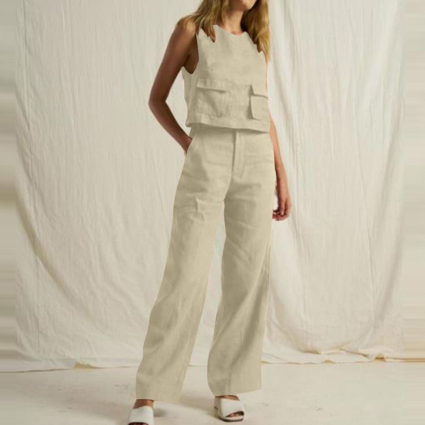 Conjunto de dos piezas informal de moda para mujer, sencillo, de color sólido, sin mangas, con bolsillos y pantalones