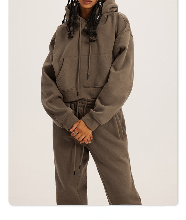 Athleisure Casual Fashion Solid Color Pullover Drawstring Pocket Hoodie Pants Set Women Sports Set