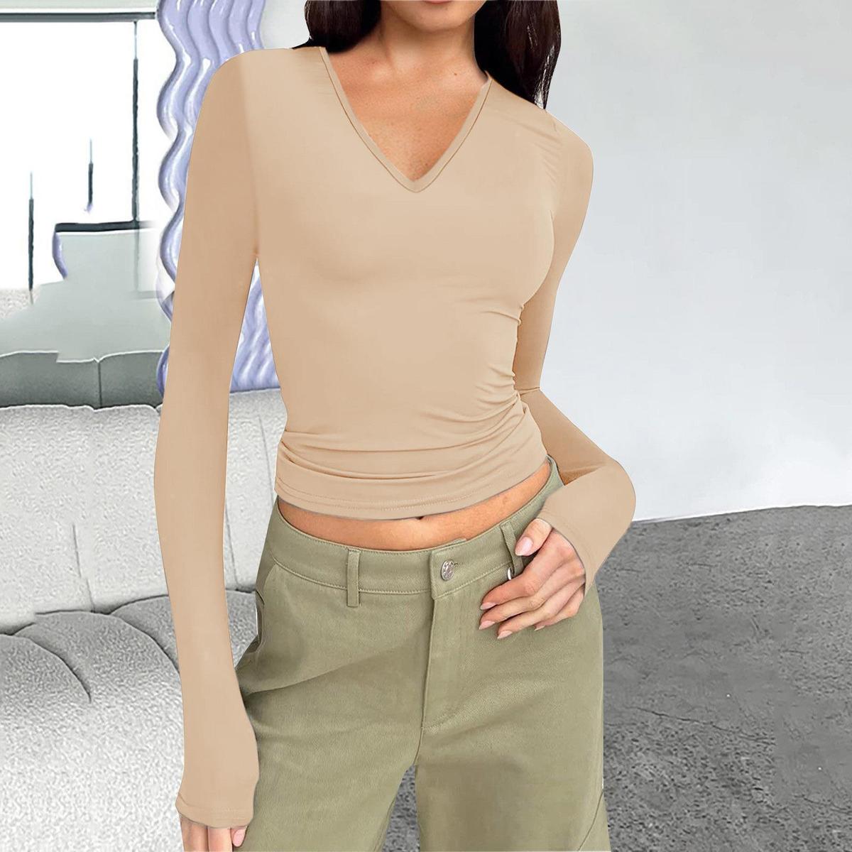 Women Casual Solid Color V-Neck Long Sleeve T-Shirt