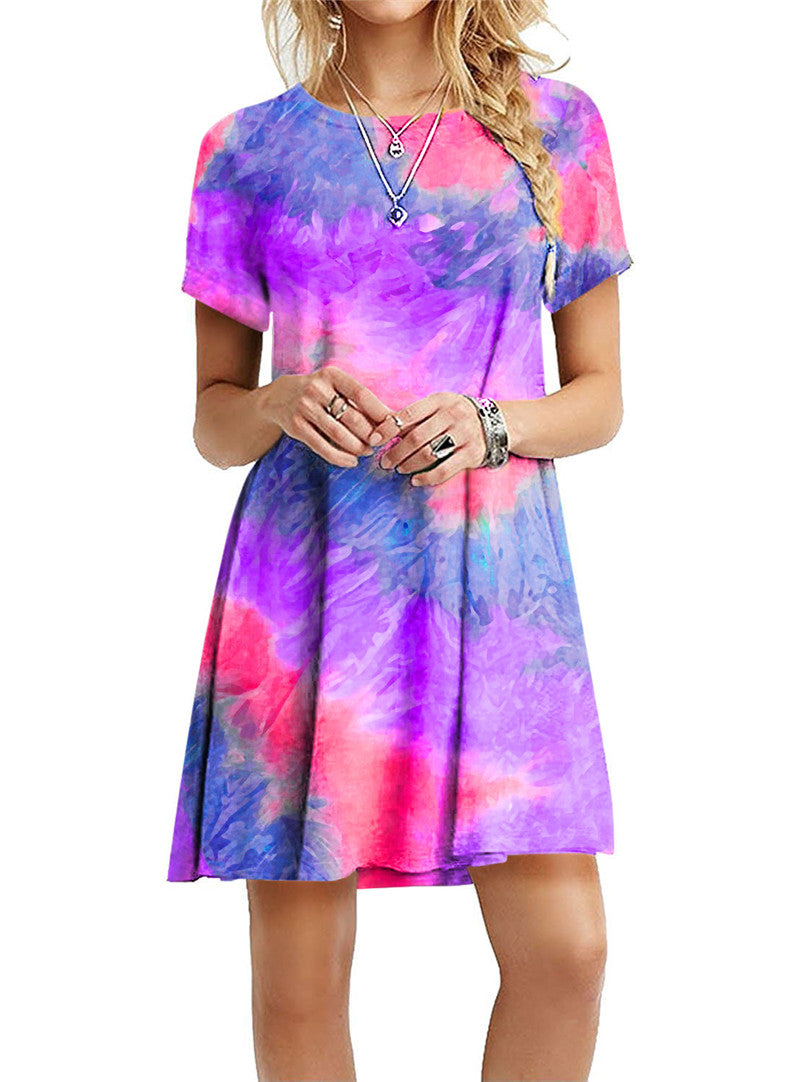 Vestido mini informal holgado de manga corta con estampado degradado de arcoíris y teñido anudado para mujer