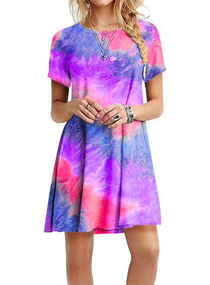 Vestido mini informal holgado de manga corta con estampado degradado de arcoíris y teñido anudado para mujer