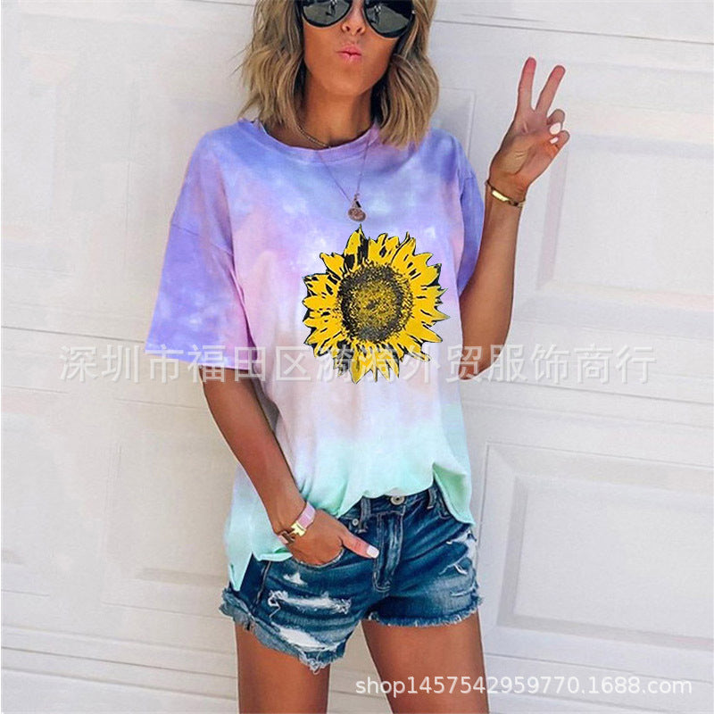 Camiseta informal holgada con cuello redondo y estampado degradado tie-dye para mujer