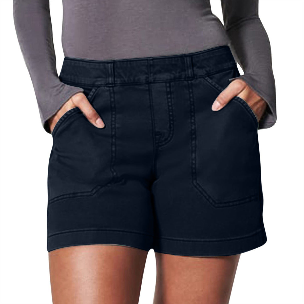 Women Fashion Casual High Waist Hip Elastic Twill Shorts