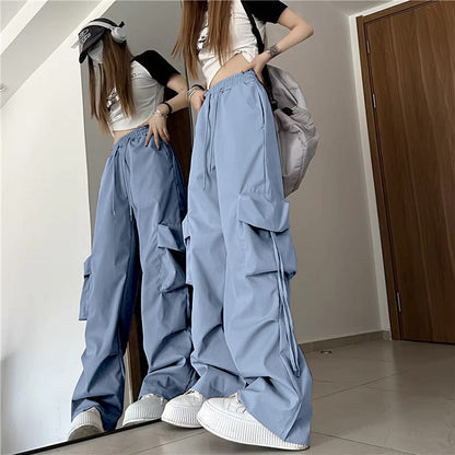 Women Casual Solid Color Pocket High Waist Straight Cargo Pants