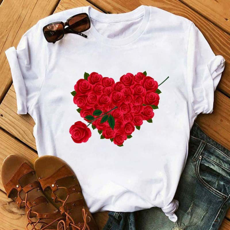 Camiseta informal de manga corta con estampado de corazones para mujer