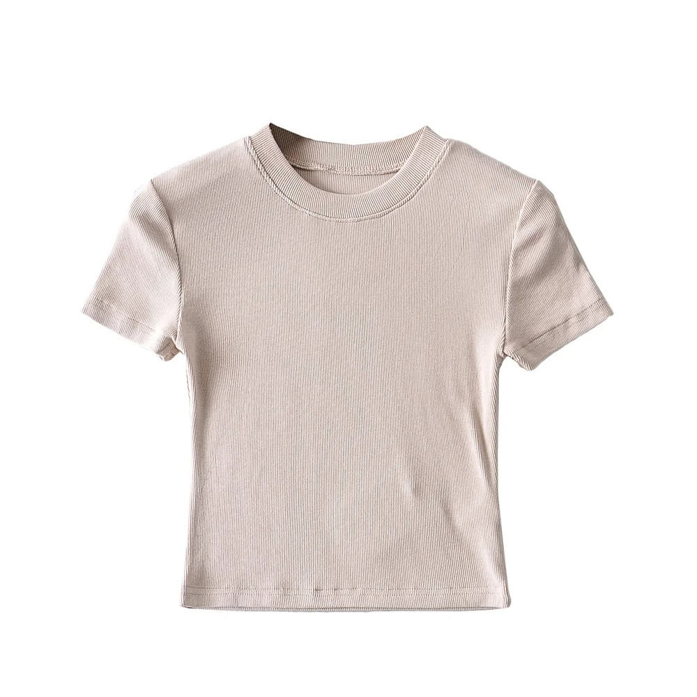 Camiseta informal de verano para mujer, color liso, cuello redondo, manga corta, sin mangas