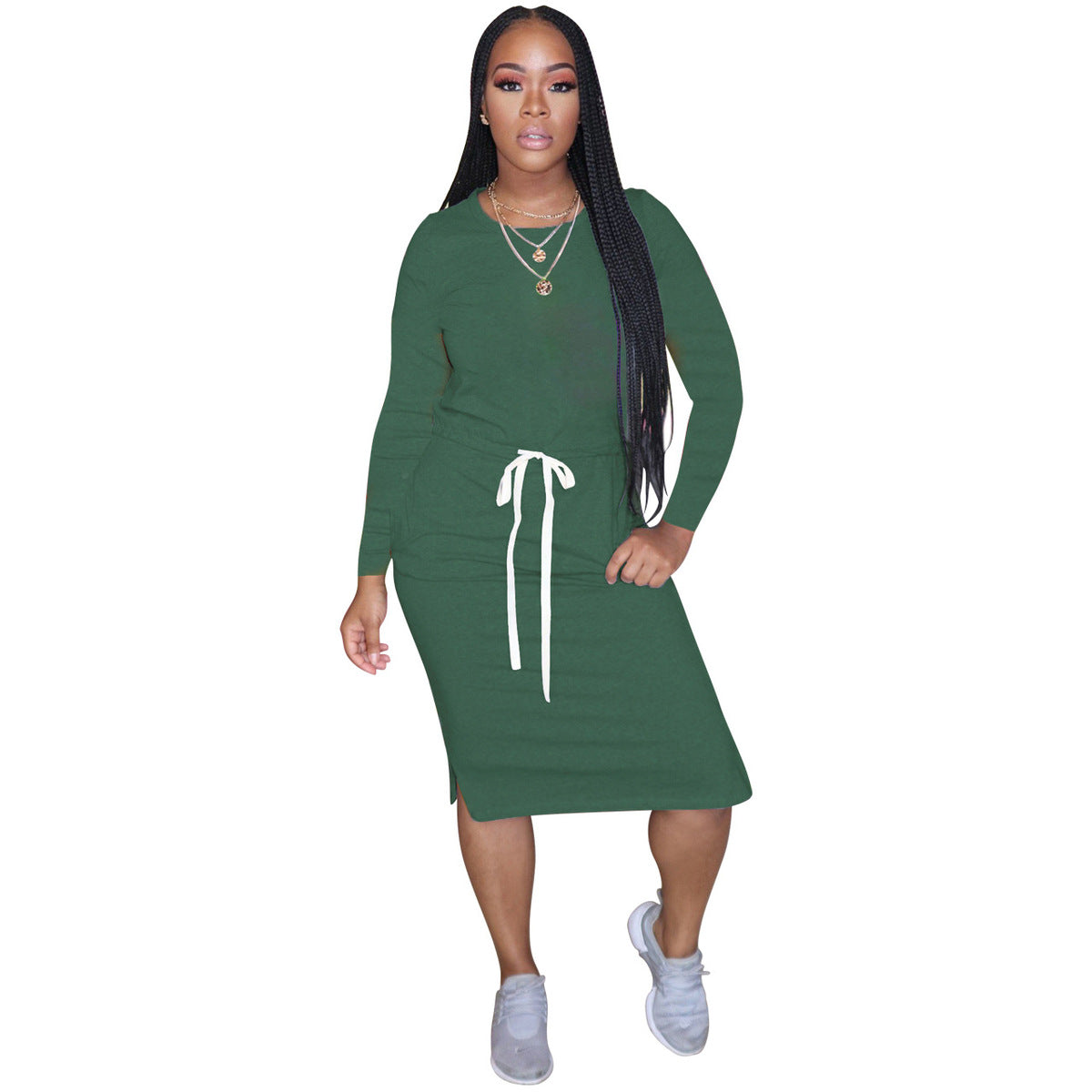 Classic Simple Casual Solid Color Long Sleeve Women Drawstring Dress